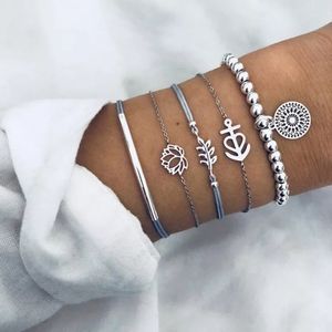 5 Piece Bracelet Anklet Set Lotus Flower Leaf Boho